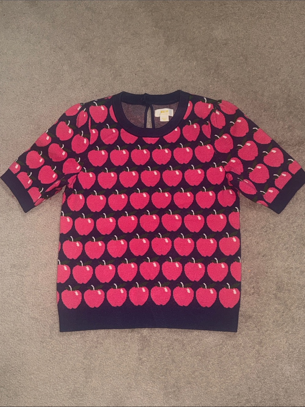 Anthropologie Maeve Navy Short-Sleeve Sweater with Red Apple Motif!